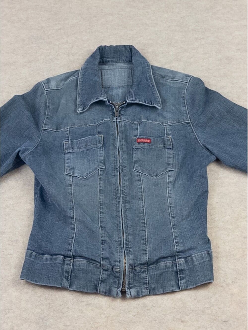 Vintage Y2K GUESS Zip Up Stretch Denim Jacket Blue Fitted Size Small